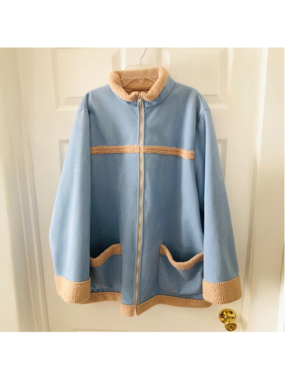 Baby Blue Vegan Faux-Shearling Brushed Coat Casual Jacket Pastel Gorpcore Cozy
